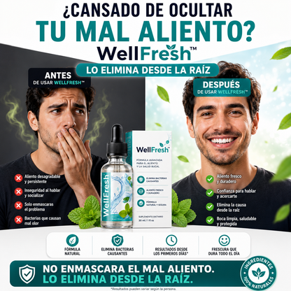 ¿CANSADO DE OCULTAR TU MAL ALIENTO? WellFresh™ LO ELIMINA DESDE LA RAÍZ
